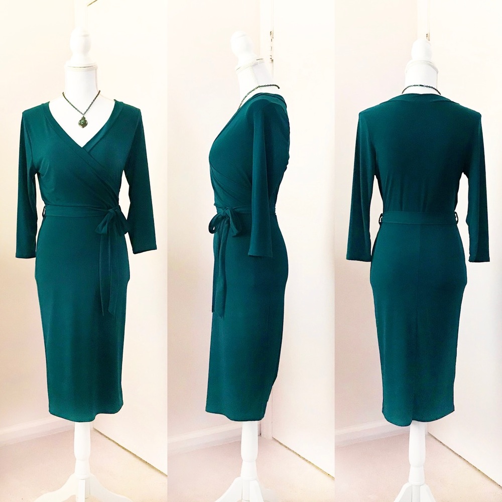 Teal Faux Wrap Stretchy Belted Dress